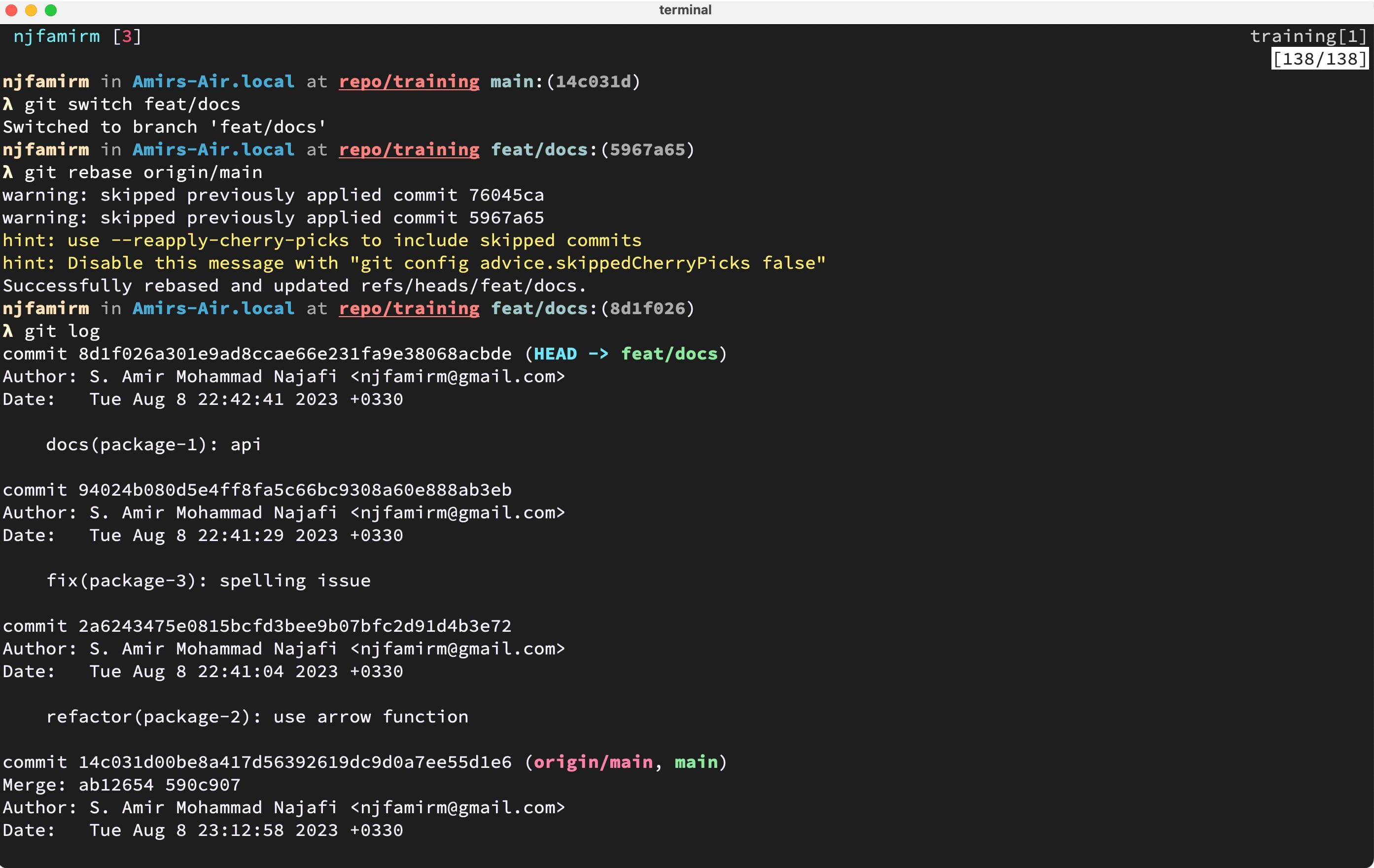Screenshot of terminal use git rebase.