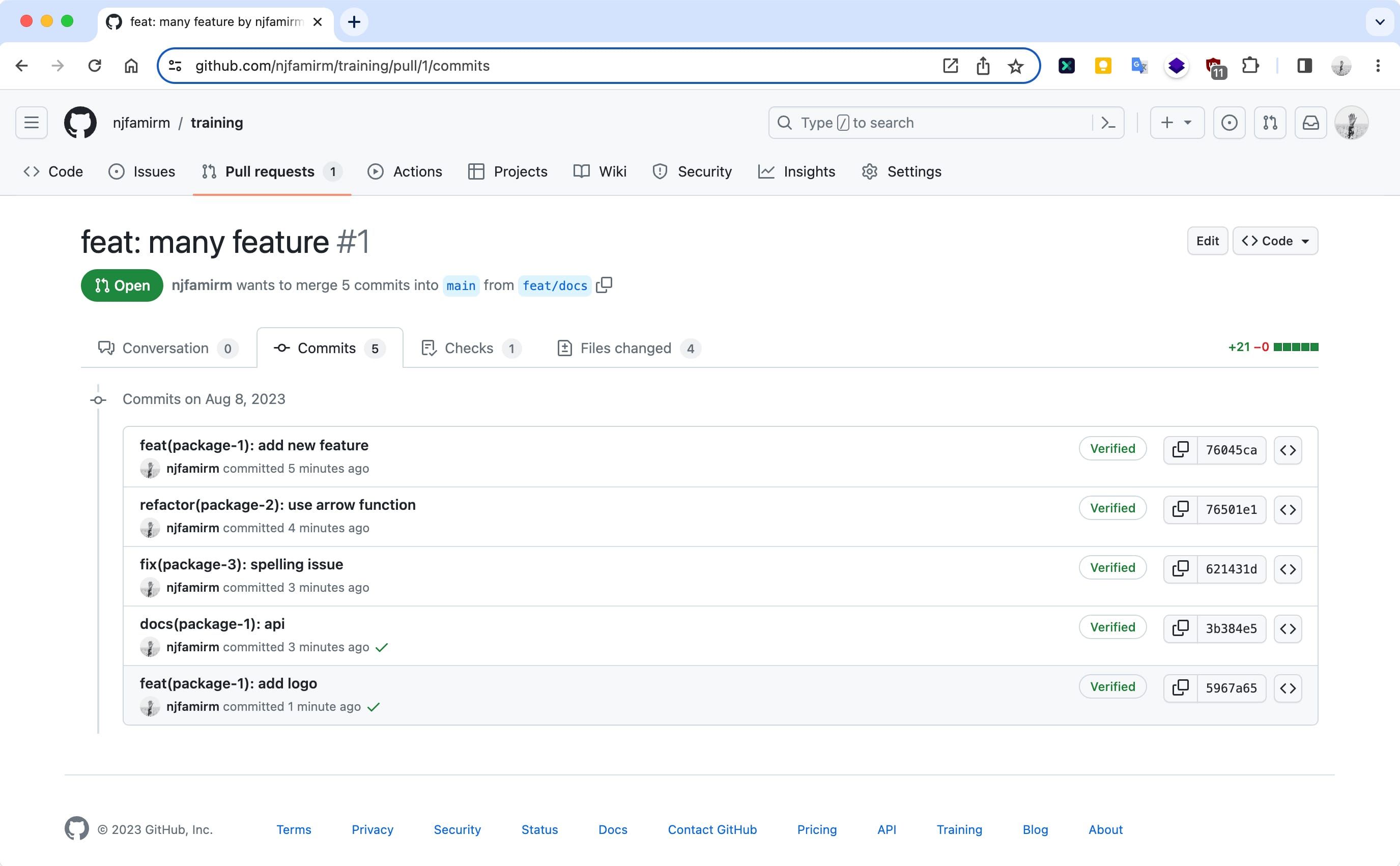 screenshot of Github pull request with many commits.