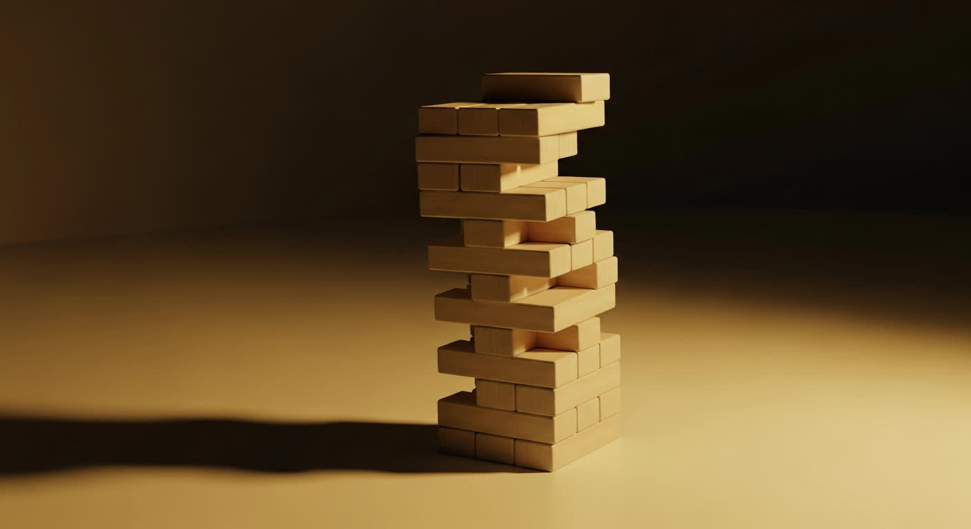 A tall, precarious tower of wooden blocks, symbolizing how a small error in an AI system can lead to a catastrophic failure.