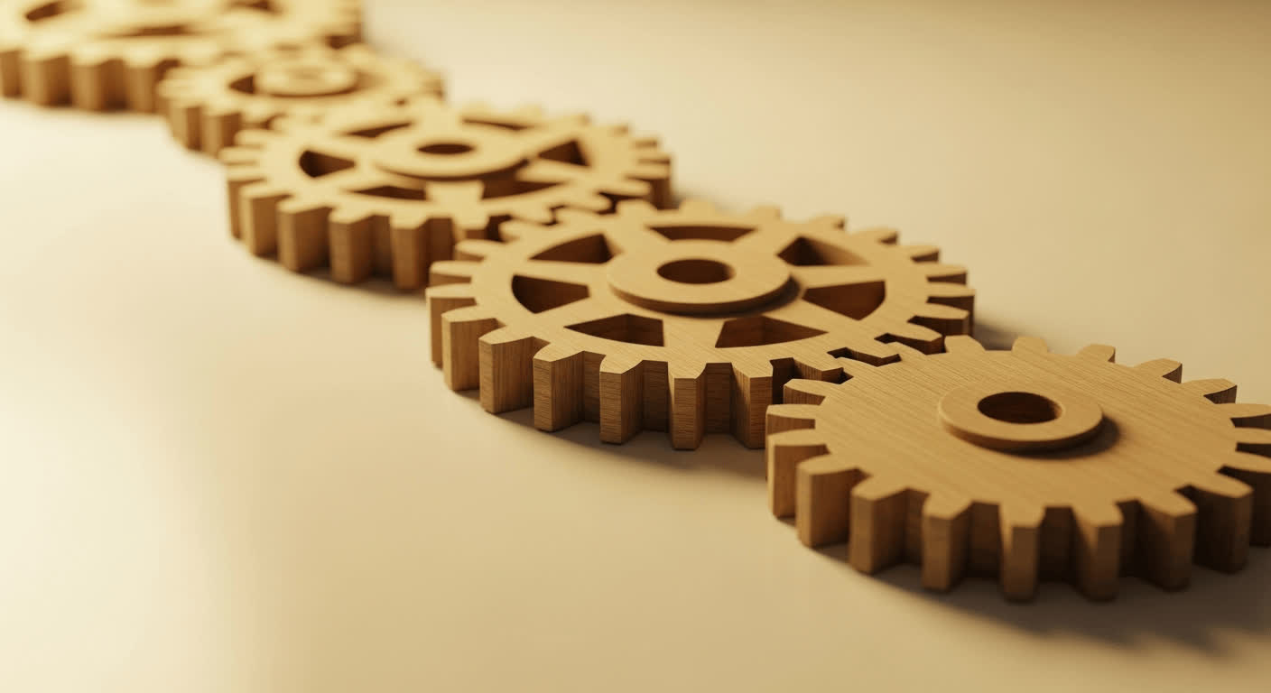 A line of interconnected wooden gears, representing a well-architected AI system where different components work together in a coordinated workflow.