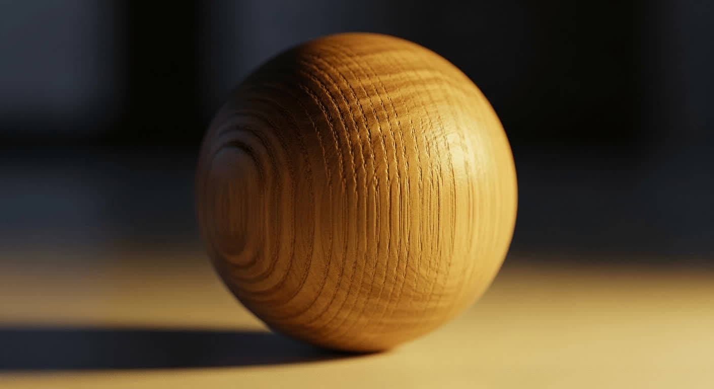 A perfectly smooth wooden sphere, its grain visible under soft light, symbolizing the elegance and precision of AI craftsmanship.