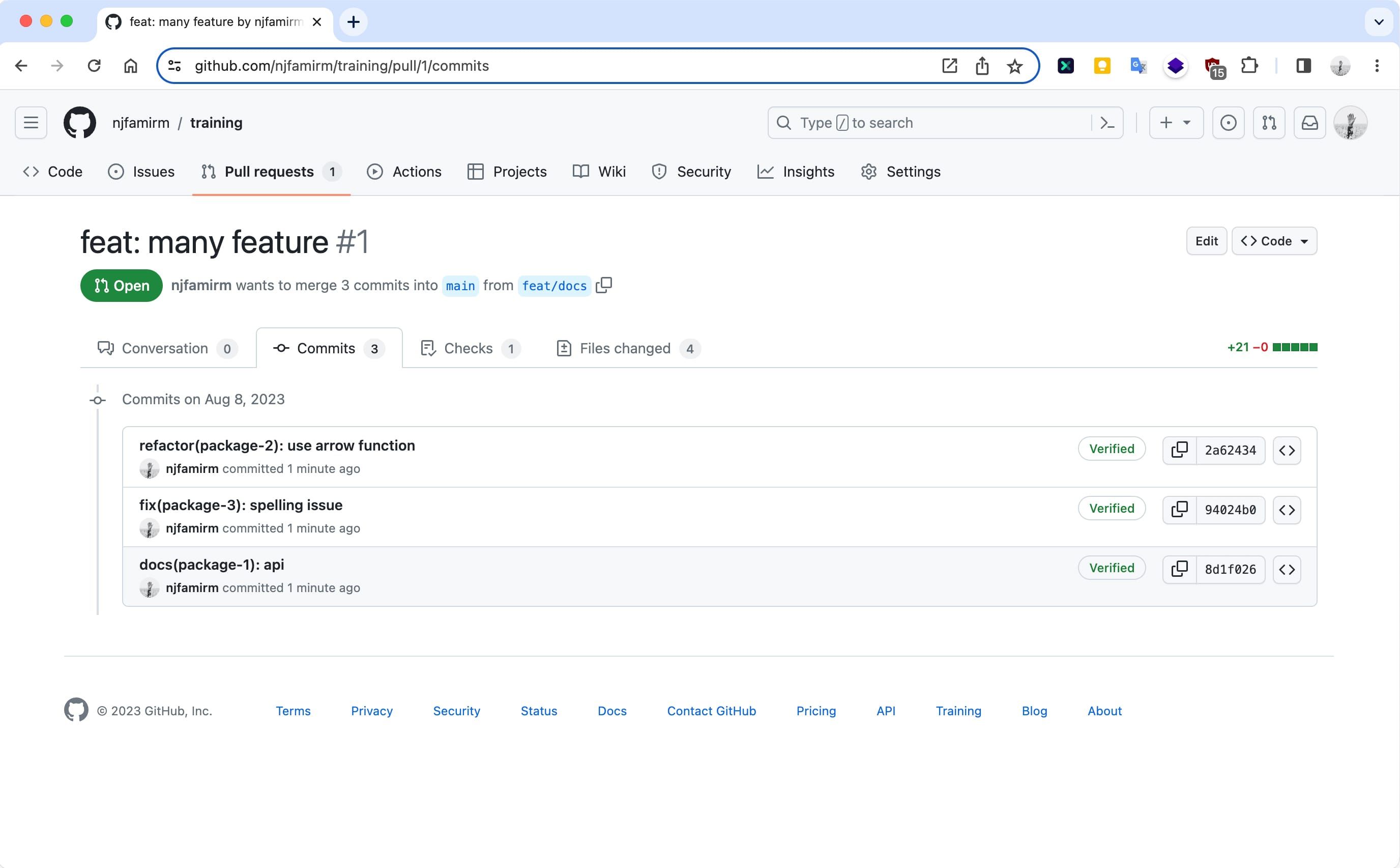 Screenshot of Github pull request with fewer commits that are removed by git rebase and cherry-pick.